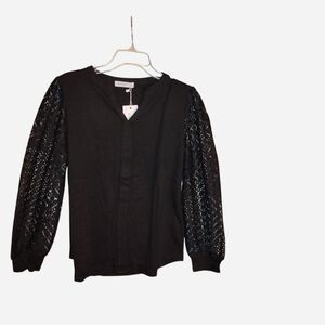 ALFYRCFT Black V-Neck Top with Lace Balloon Sleeves - Size M NEW